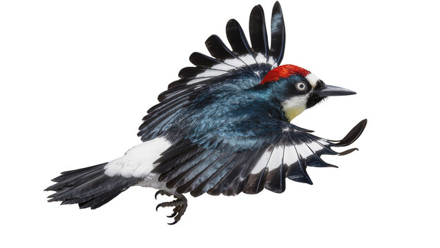 Acorn woodpecker bird in flight with wings spread