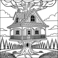Naklejka premium Whimsical treehouse nestled in a grand old tree, offering a charming escape.