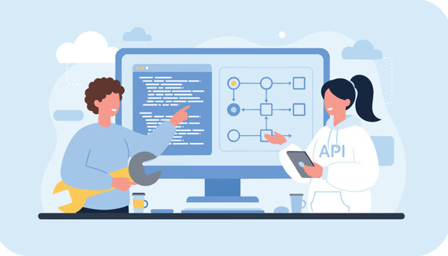 Professional web developers working together to build application programming interface using API code and charts.