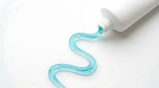 Blue gel toothpaste squeezed from white tube on white background