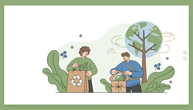 Ecology and waste sorting concept showing two young men recycling paper bags and boxes to protect our planet.