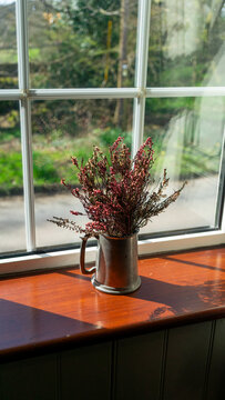 Heather and erica with flowers in a metal mug on the wooden windowsill of a white window, bathed in sunlight