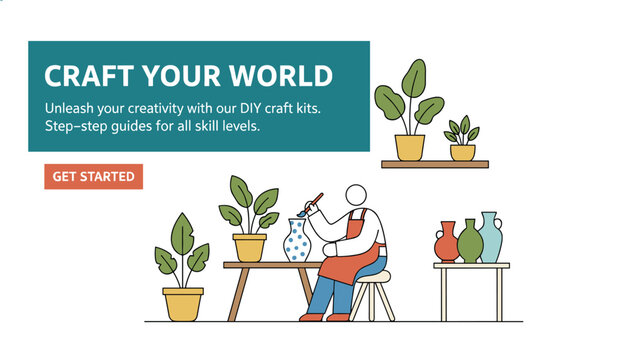 Artistic visual banner invites users to craft their world by painting traditional clay pottery and houseplants.