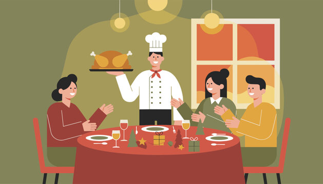 Happy family claps in delight as a professional chef serves a delicious roasted turkey at a festive dinner table.