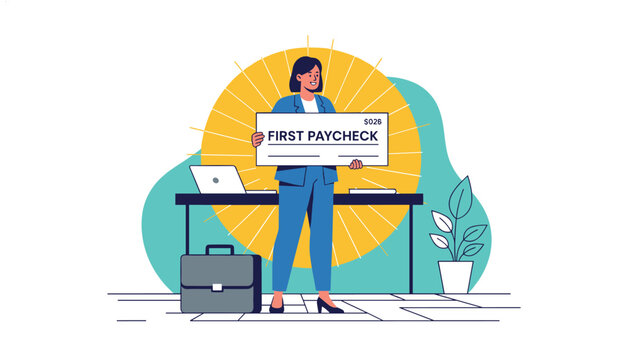 Successful business woman proudly holding her giant first paycheck in a modern office setting with a desk, laptop, and plant.