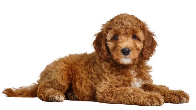 Fluffy golden brown poodle puppy lying down