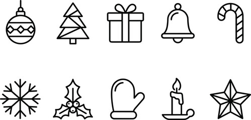 Collection of festive Christmas icons in a clean outline style isolated on white background © Mdjillur