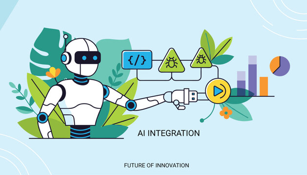 Robot pointing towards business charts and software development icons represents the integration of artificial intelligence in technology.