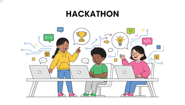 Smart children participate in collaborative kids hackathon coding and discussing innovative ideas on laptops.