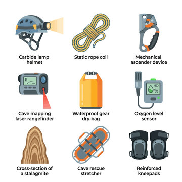 A detailed illustration of essential caving and spelunking equipment, featuring safety gear, exploration tools, and rescue devices for underground adventures.