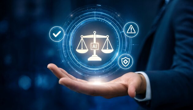 Ai legal compliance and ethics concept with scales of justice