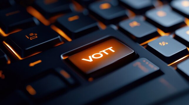 Close-up of a glowing keyboard with the word VOTT illuminated on a central button.