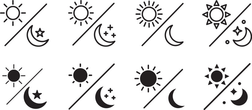 Day and night sun and moon icon set with line art and solid glyph style.