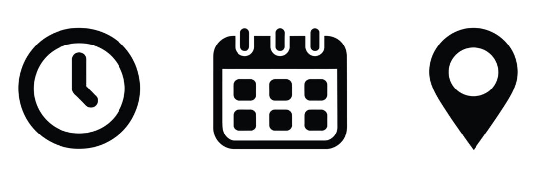 Time date, clock, calendar, and location pin icon set, modern vector illustration for schedule