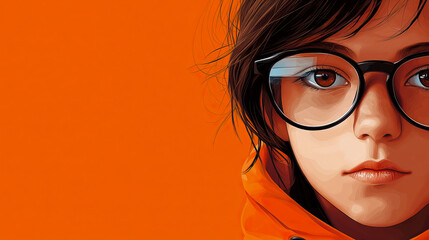 Fototapeta premium Digital Illustration of Thoughtful Young Person Wearing Stylish Black Glasses Against Vibrant Solid Orange Background Creating Minimalist and Modern Artistic Portrait Aesthetic