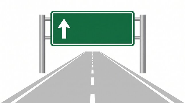 Blank green road sign over highway vector illustration with straight arrow pointer on gantry structure isolated on white background for copy space design.