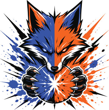 Stylized vector illustration of a split color fox mascot holding a bright glowing energy orb
