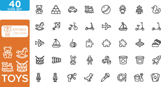 Toys line editable Icons set. vector illustration. Contain icons related to children toys, teddy bear, doll, drum, ball, robot, and more. on transparent background.
