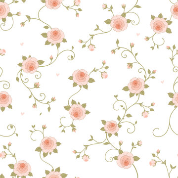 Elegant Pink Rose Seamless Pattern, Vintage Floral Vine Background for Fabric and Wallpaper
