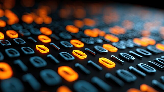 Digital stream of glowing orange and blue ones and zeros on black