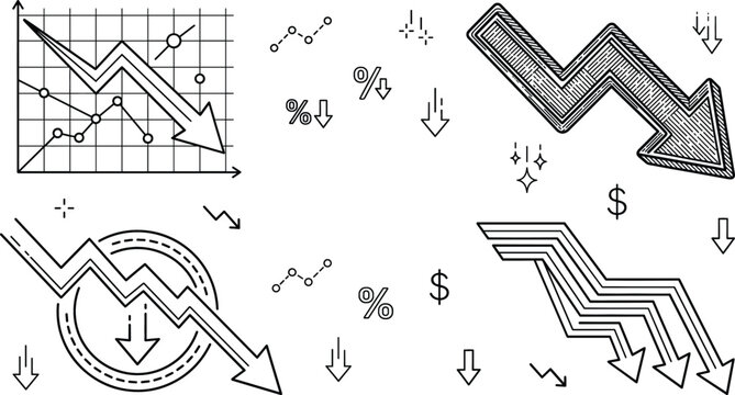 Financial crisis economic recession line art vector icon set featuring downward arrow trend stock market crash loss elements