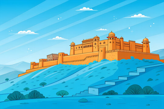 Amer Fort, Jaipur, modern vector illustration, limited color palette, hilltop fortress view, flat design