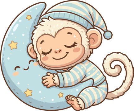Cute baby monkey character sleeping and hugging a crescent moon vector illustration for kids nursery bedroom decor poster layout