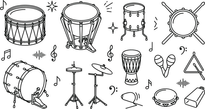 Musical percussion instruments line art vector icon set featuring drums timpani djembe cymbals maracas tambourine cowbell music notes