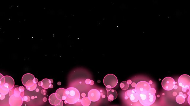 Circle bubles glow rose random size with falling white stars on the black screen