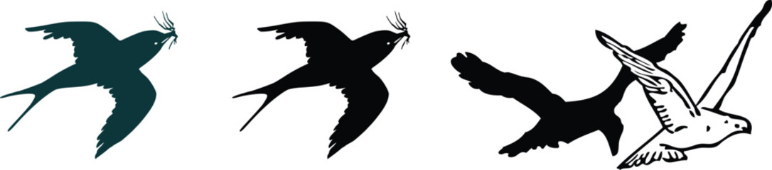 Set of flying birds in silhouette and outline, swallows and geese for nature themes. © Ripon Sojib