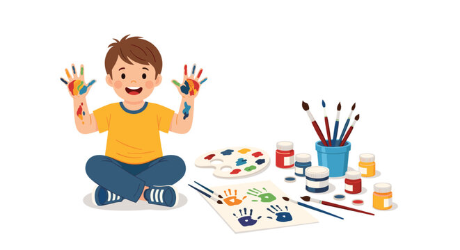 Joyful boy sitting on the floor with colorful paint on his hands surrounded by painting supplies like brushes, jars, and palette.