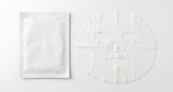 White cotton facial sheet mask and blank foil sachet packaging on a light background