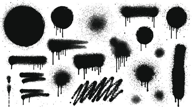 Collection of black ink splatters and paint smudges on white background for graphic design