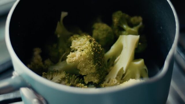 Close up of fresh green broccoli florets cooking and steaming inside a pot.