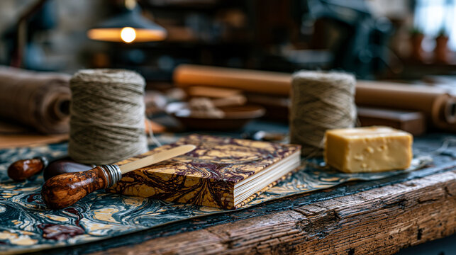 Bookbinder's still life of bone folder, linen thread, beeswax block, and marbled endpaper arranged on worn oak workbench, single hanging workshop lamp, artisan trade tools symbolic composition .ultr