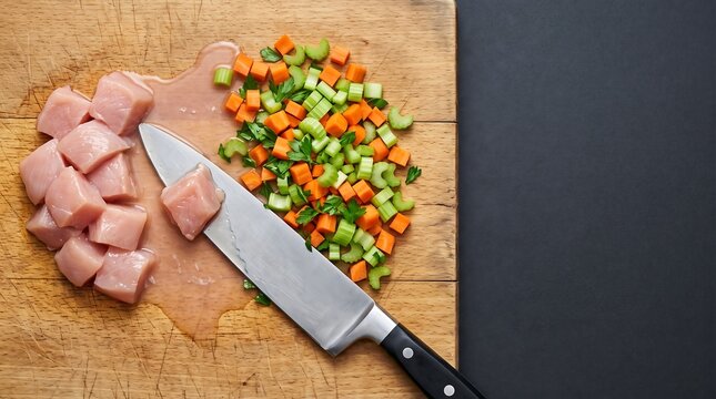 Raw Chicken and Fresh Vegetables on Cutting Board Demonstrating Cross Contamination Risk and Proper Food Preparation Safety Practices in Home Kitchen