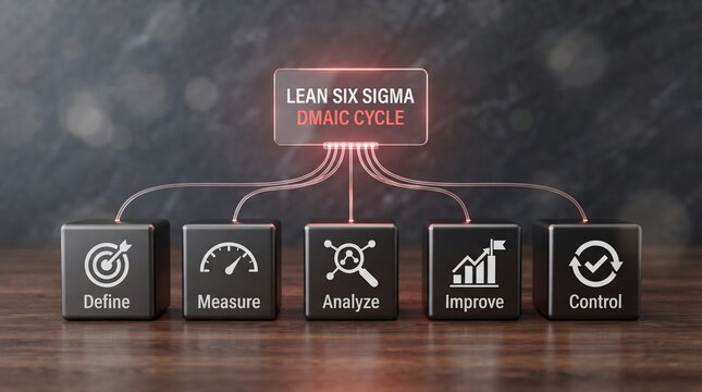 Lean six sigma dmaic process cycle concept with glowing data connections and five cubes featuring business improvement icons on a dark textured background