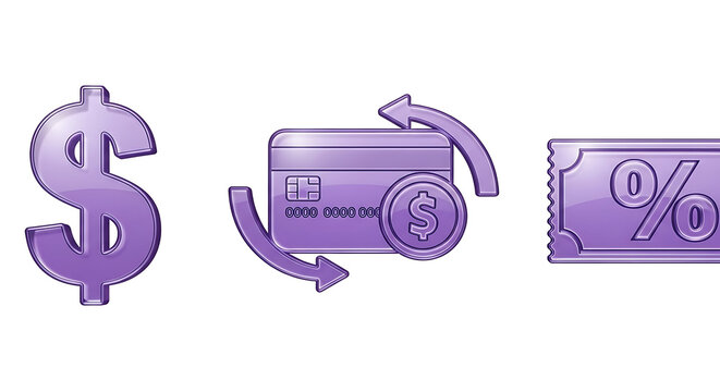 Financial currency icons featuring dollar sign rotating credit card percentage voucher percentage discount currency business transaction commerce financial purchase shopping finance symbol