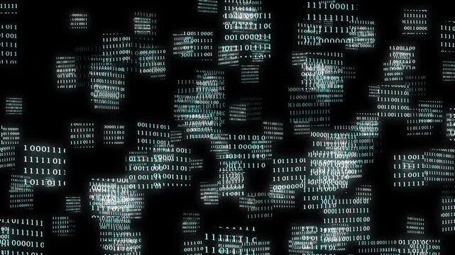 bright binary code blocks animation isolated on black background, abstract texture template overlay decoration for blockchain, ai, iot and cryptocurrency