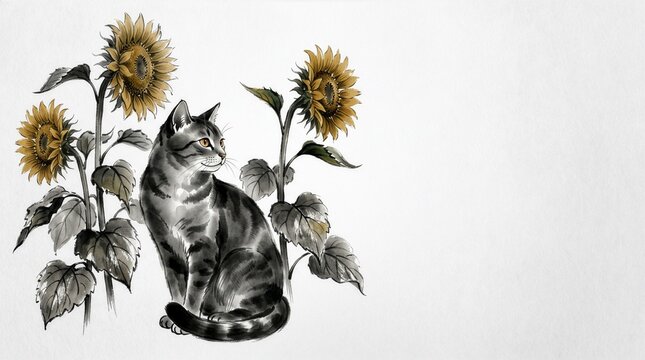Ink wash illustration of a tabby cat sitting next to sunflowers