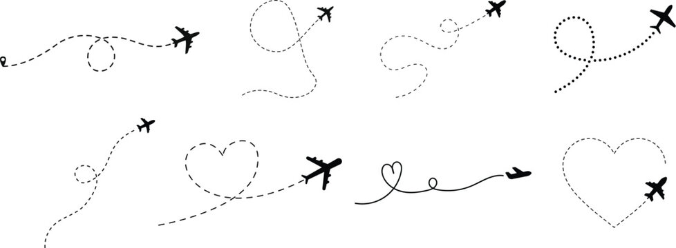 Airplanes flying with dashed line routes in heart and swirl shapes, travel concept.