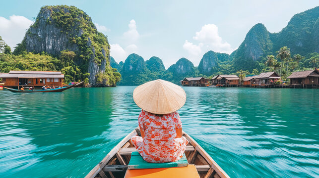 Traveler wearing traditional conical hat enjoys peaceful boat ride through scenic limestone karst landscapes and serene turquoise waters of remote floating village in Vietnam.