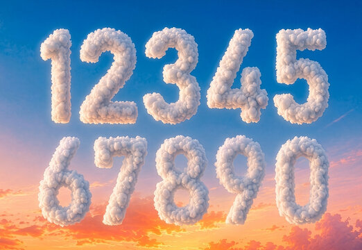Cloud Number Set 0 to 9 Floating in Blue Sky with Sunset Background, Fluffy Cloud Typography Collection