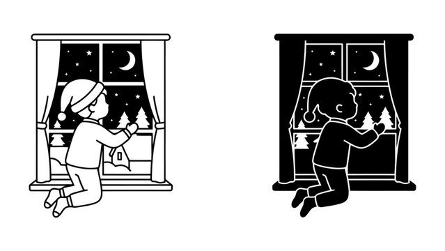 Child Gazing at Winter Night Sky: A child in pajamas and a nightcap gazes out a window at a starry winter night, with silhouetted trees and a crescent moon visible. Two versions.
