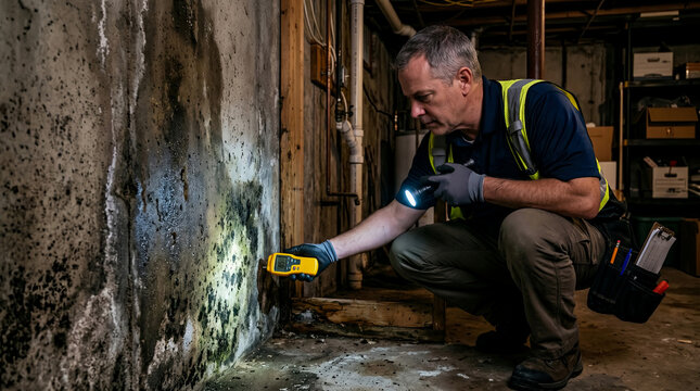 Professional Home Inspector Inspecting Damp Basement Wall for Mold and Moisture Using Digital Moisture Meter and Flashlight in Dimly Lit Residential Building Foundation