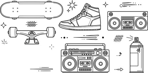 Urban street culture line art vector set with skateboard sneaker boombox truck and graffiti spray can © Md