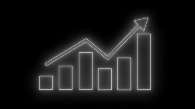 Glowing neon-style outline of a bar chart with five vertical bars and a downward arrow above animation