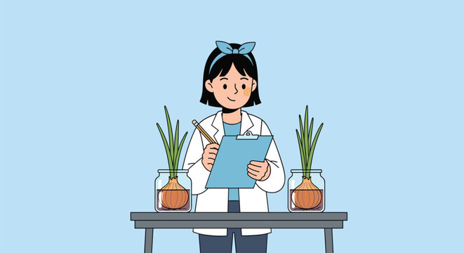 Young female scientist in a white lab coat observing the growth of onions in jars and writing notes on a clipboard.