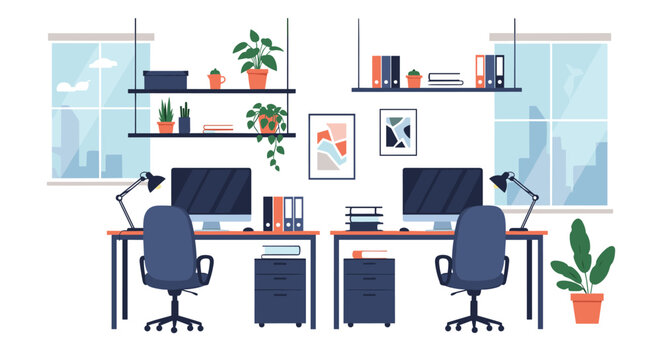 Clean dual desk corporate workspace layout featuring computer monitors, office chairs, shelves, and indoor plants.
