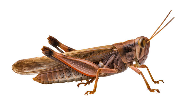 Brown grasshopper with segmented body and long antennae